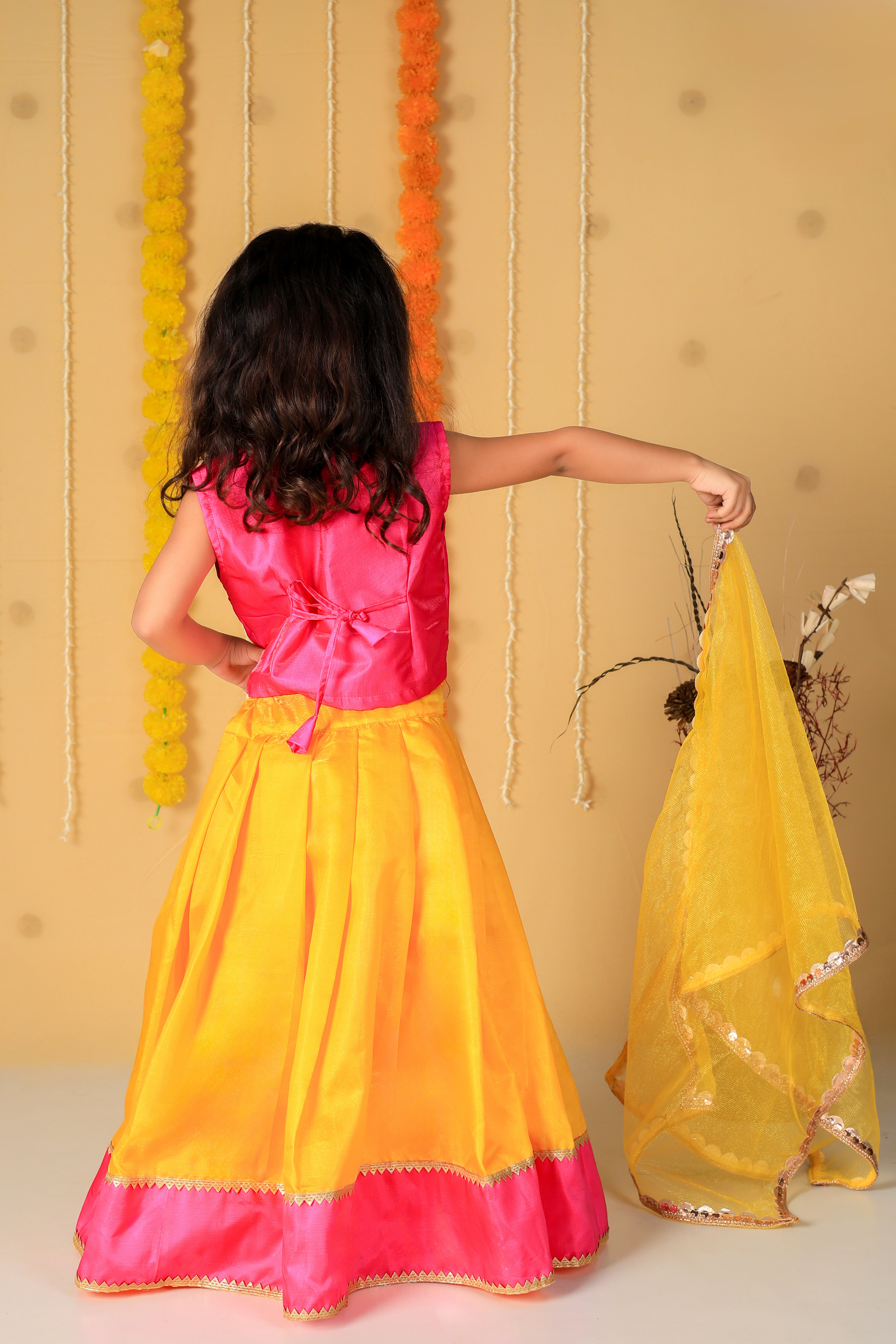 Vaanee Designz Silk Blend Readymade Embroidered 3 Piece Lehenga Choli Set|Lehenga Choli,Ethnic Wear|Lehenga for Kids|Lehenga Set for Wedding and Festival(Yellow & Magenta)