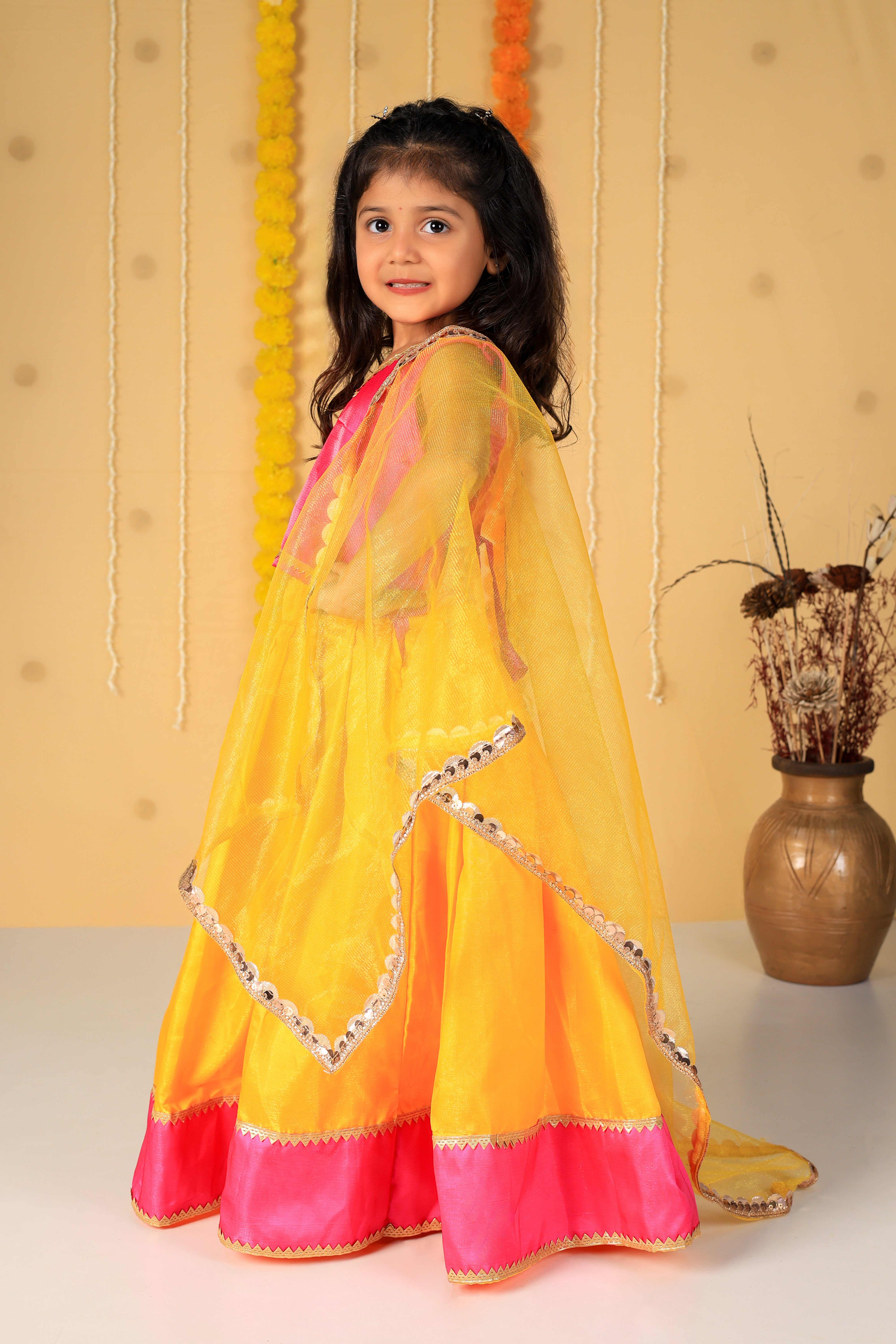 Vaanee Designz Silk Blend Readymade Embroidered 3 Piece Lehenga Choli Set|Lehenga Choli,Ethnic Wear|Lehenga for Kids|Lehenga Set for Wedding and Festival(Yellow & Magenta)
