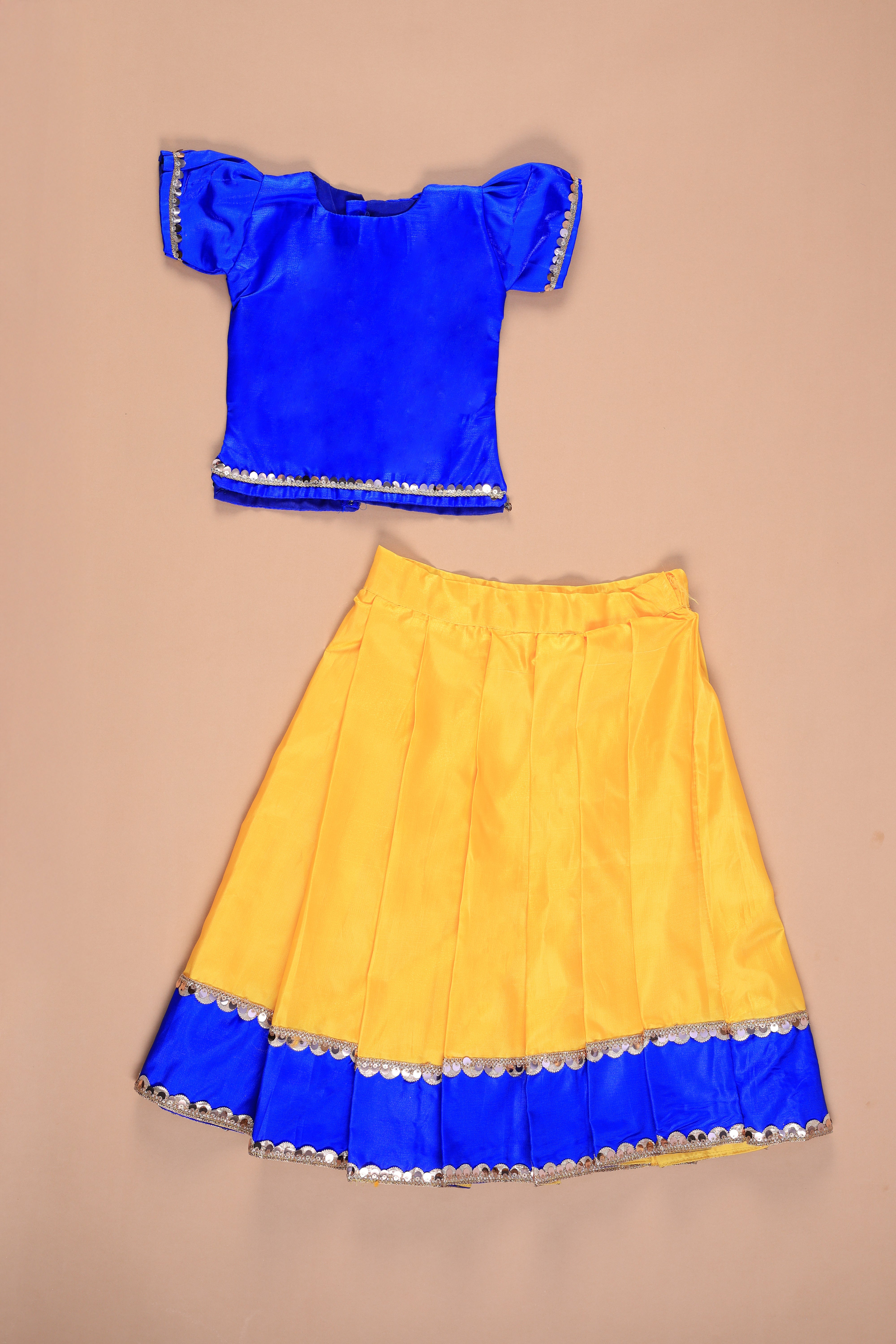 Vaanee Designz Silk Blend Readymade Embroidered 3 Piece Lehenga Choli Set|Lehenga Choli,Ethnic Wear|Lehenga for Kids|Lehenga Set for Wedding and Festival( Yellow & Blue)