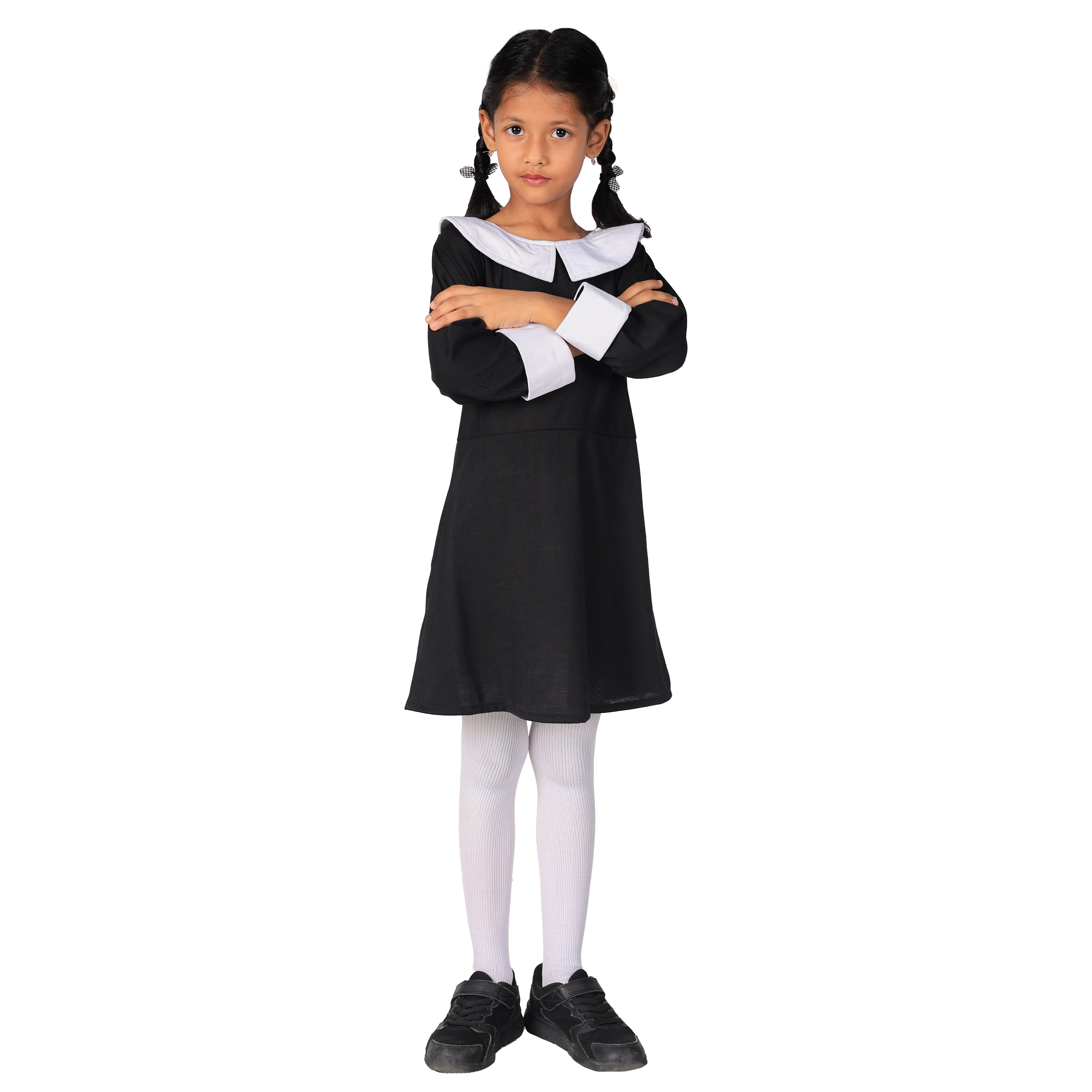 Halloween Dress| Wednesday Addam's Costume and Accessories|For Girls Kids |Haunted Horror Theme Dress (FREE scary teeth)