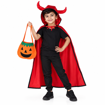 ITSMYCOSTUME Halloween Dress for Boys &amp; Girls Kids Red Cape with Devil Horn Pumpkin Basked Kids Costume Complete Set (IMC26000)