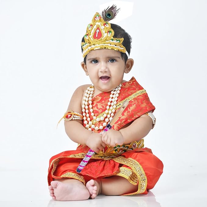 Krishna Dress for Baby Boy Kids Set of 10 Little Krishna Ji Kanha Janmasthmi Costume for Kids (IMC45001-RRed)