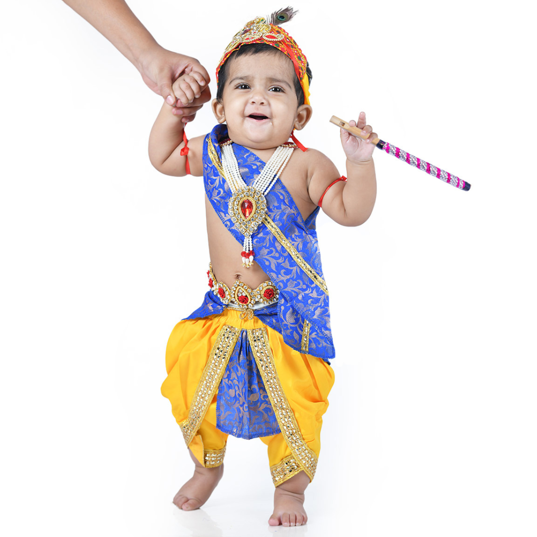 Krishna Dress for Baby Boy Kids Set of 10 Little Krishna Ji Kanha Janmasthmi Costume for Kids (IMC45001-Yelblue)