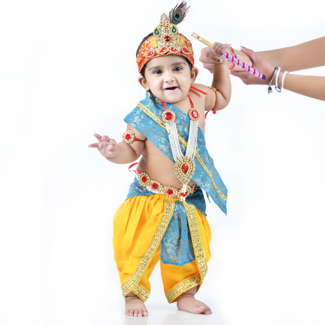 Krishna Dress for Baby Boy Kids Set of 10 Little Krishna Ji Kanha Janmasthmi Costume for Kids (IMC45001-Yelfirozi)