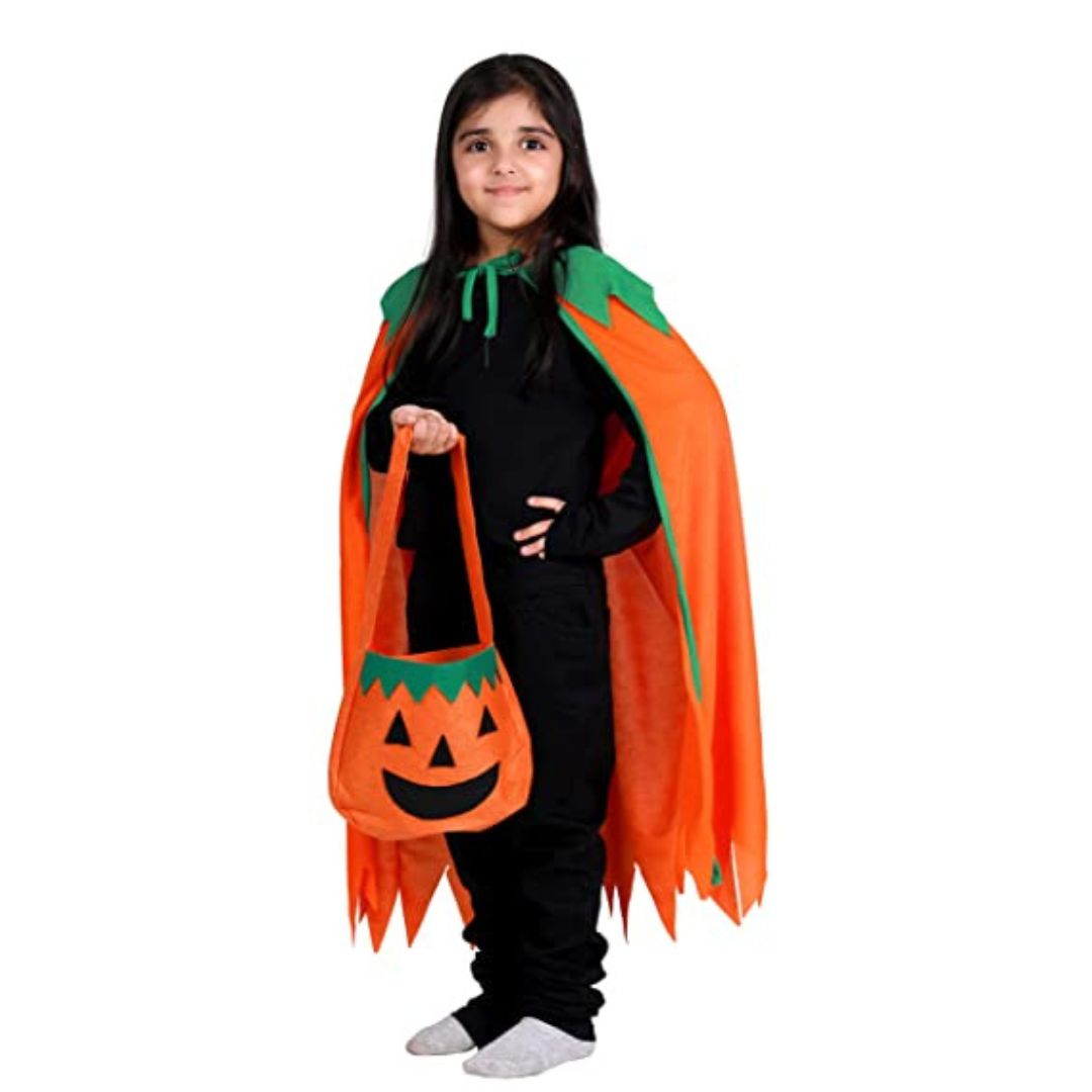 ITSMYCOSTUME Halloween Pumpkin Dress for Boys &amp; Girls Kids Orange Cape with Pumpkin Basket Complete Set with Accessories