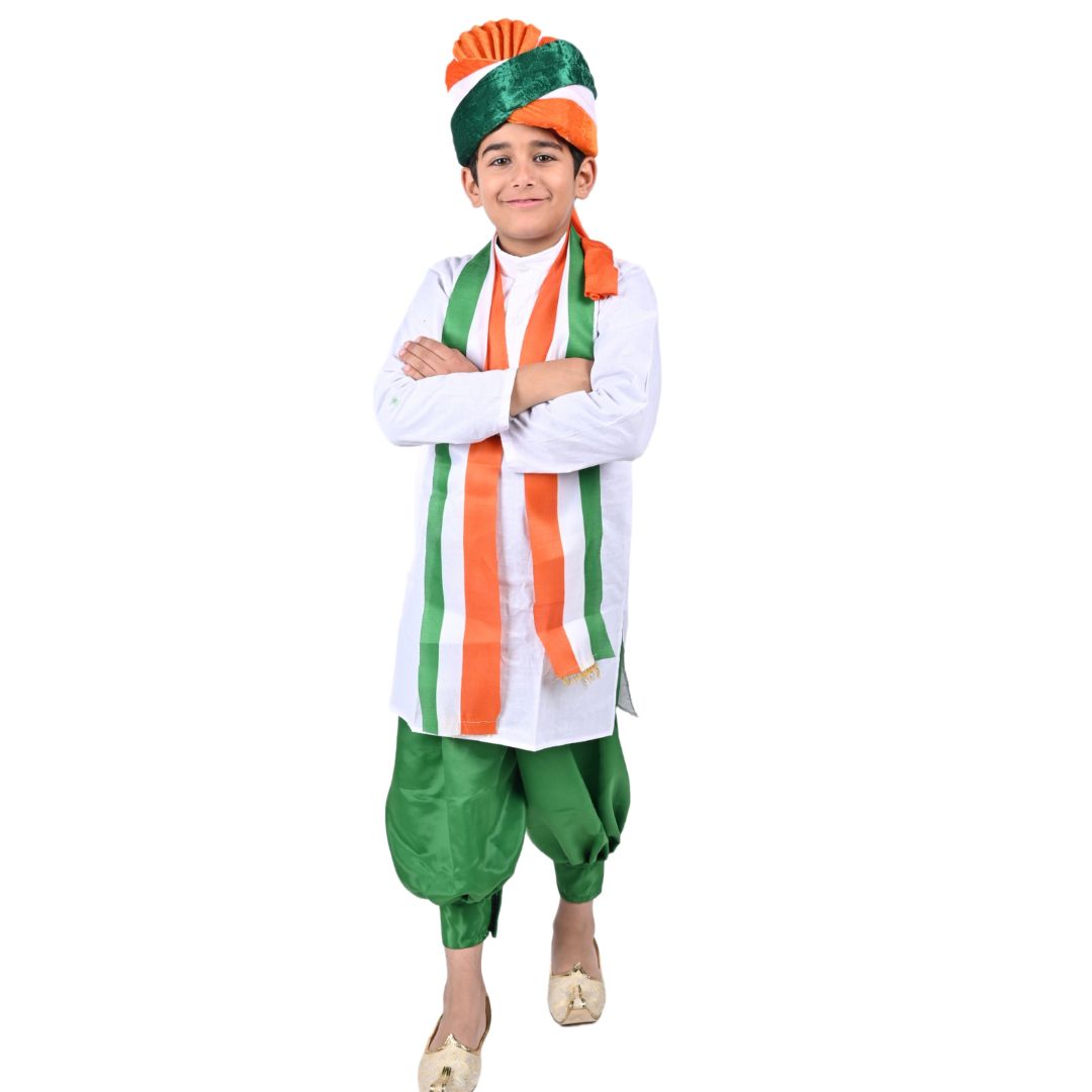 Tricolor Dress For Boys &amp; Girls Republic Day/Independence Day - Tricolour Costume Dhoti Kurta Stole Pagdi Set for Kids