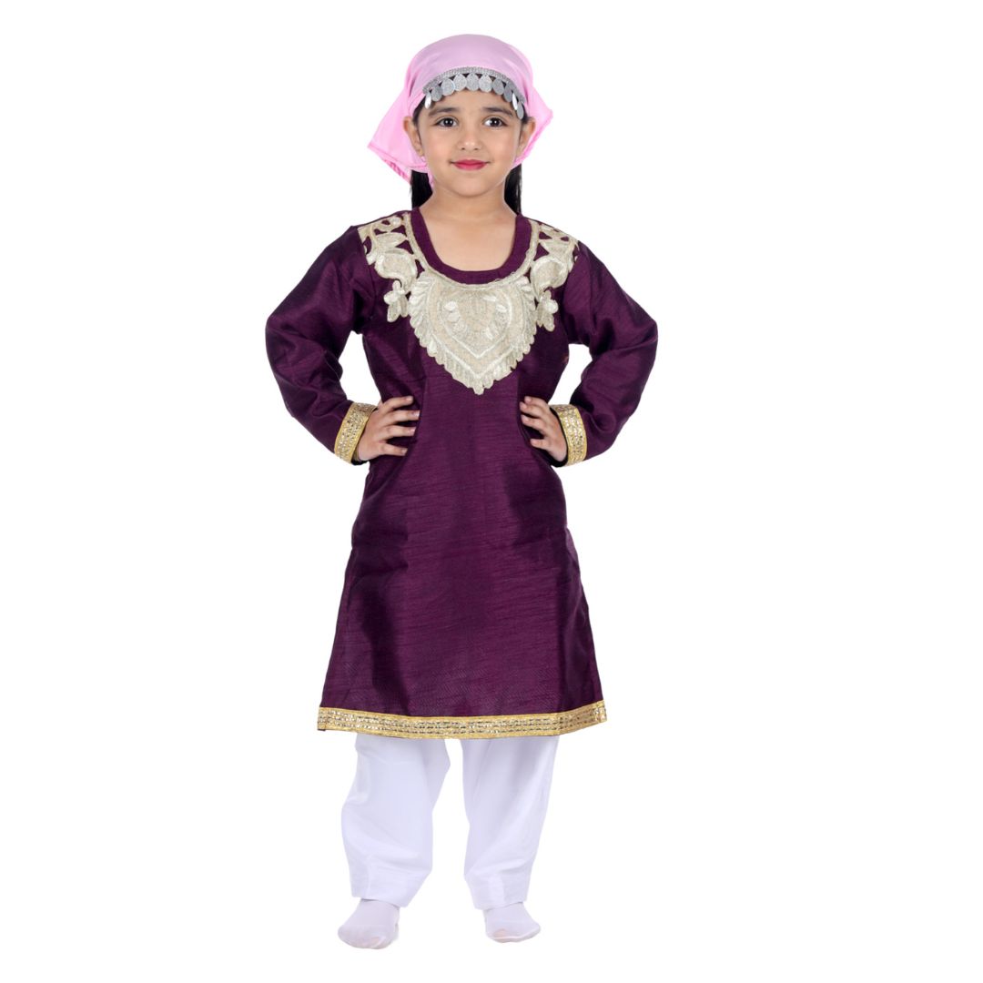 Kashmiri Traditional Costume Dress For Girls Indian States &amp; Folk dance Dresses For Kids - Maroon and White Suit (IMC615-MAROONKASH)