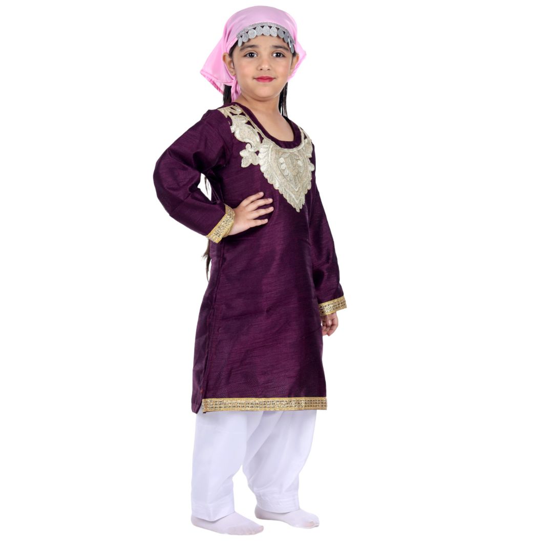 Kashmiri Traditional Costume Dress For Girls Indian States &amp; Folk dance Dresses For Kids - Maroon and White Suit (IMC615-MAROONKASH)