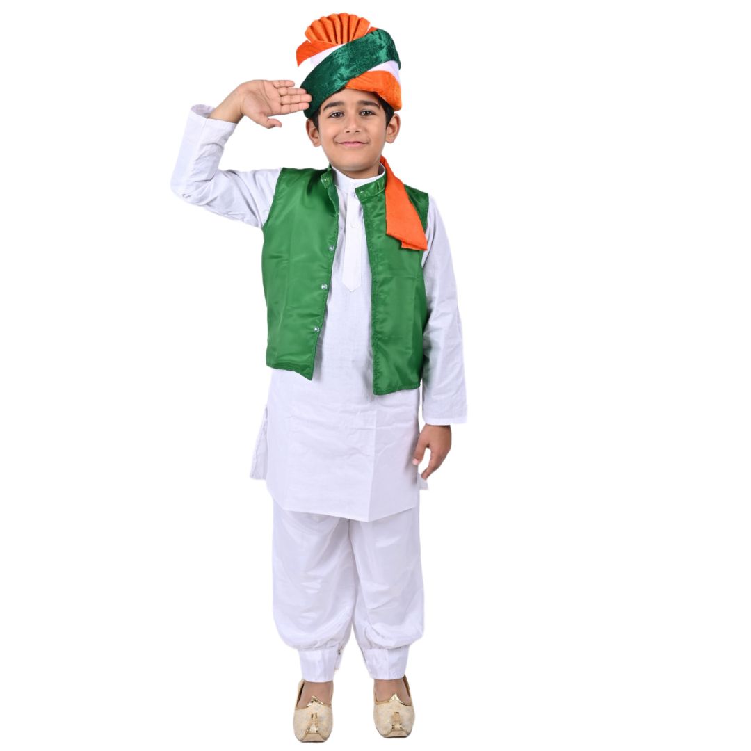 Tricolor Dress For Boys &amp; Girls Republic Day/Independence Day  - Tricolour Costume Kurta Jacket &amp; Pagdi Set For Kids