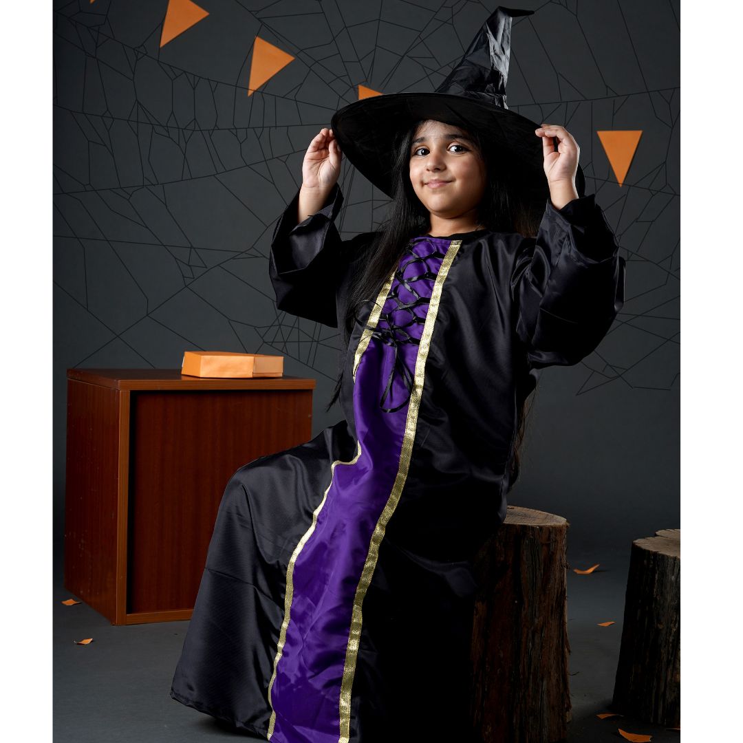 Witch Costume Dress for Kids Girls Set of 2(Gown,Hat) Halloween-Purple