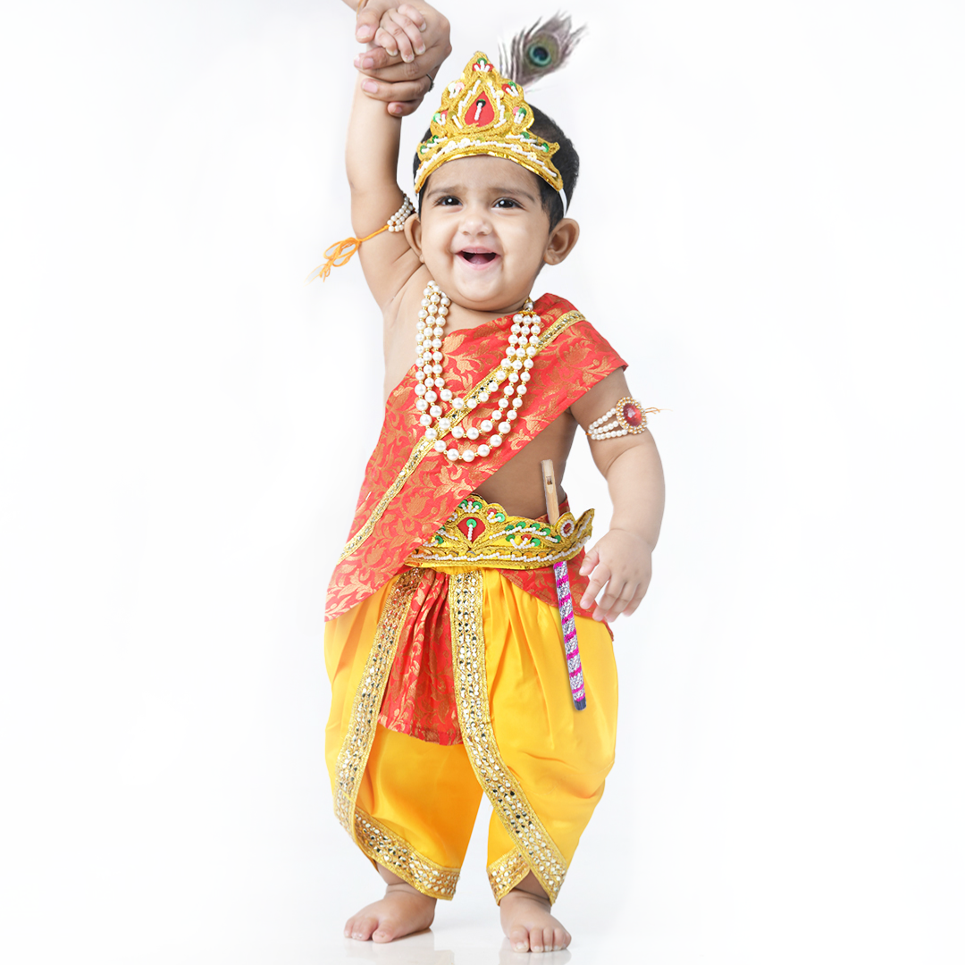 Krishna Dress for Baby Boy Kids Set of 10 Little Krishna Ji Kanha Janmasthmi Costume for Kids (IMC45001-Redyel)