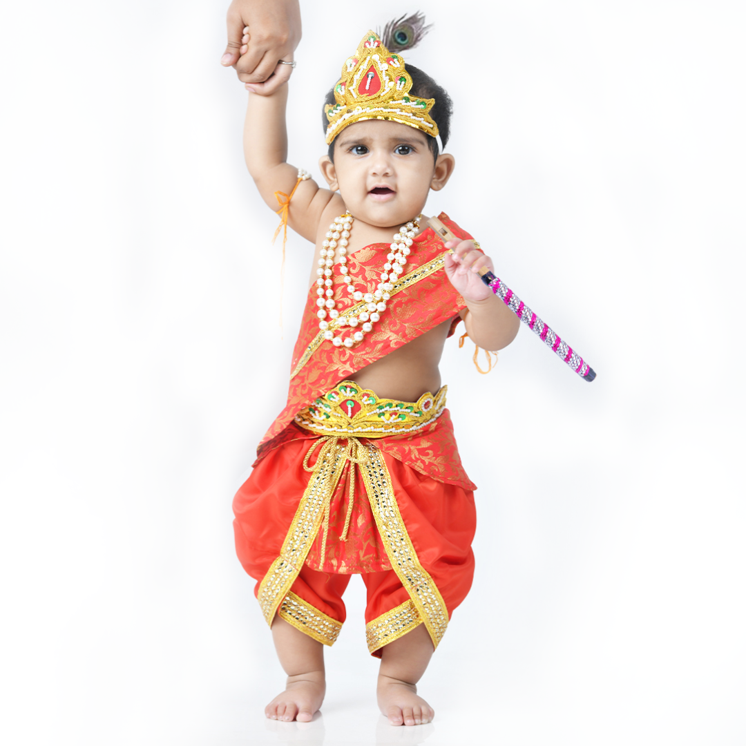 Krishna Dress for Baby Boy Kids Set of 10 Little Krishna Ji Kanha Janmasthmi Costume for Kids (IMC45001-RRed)