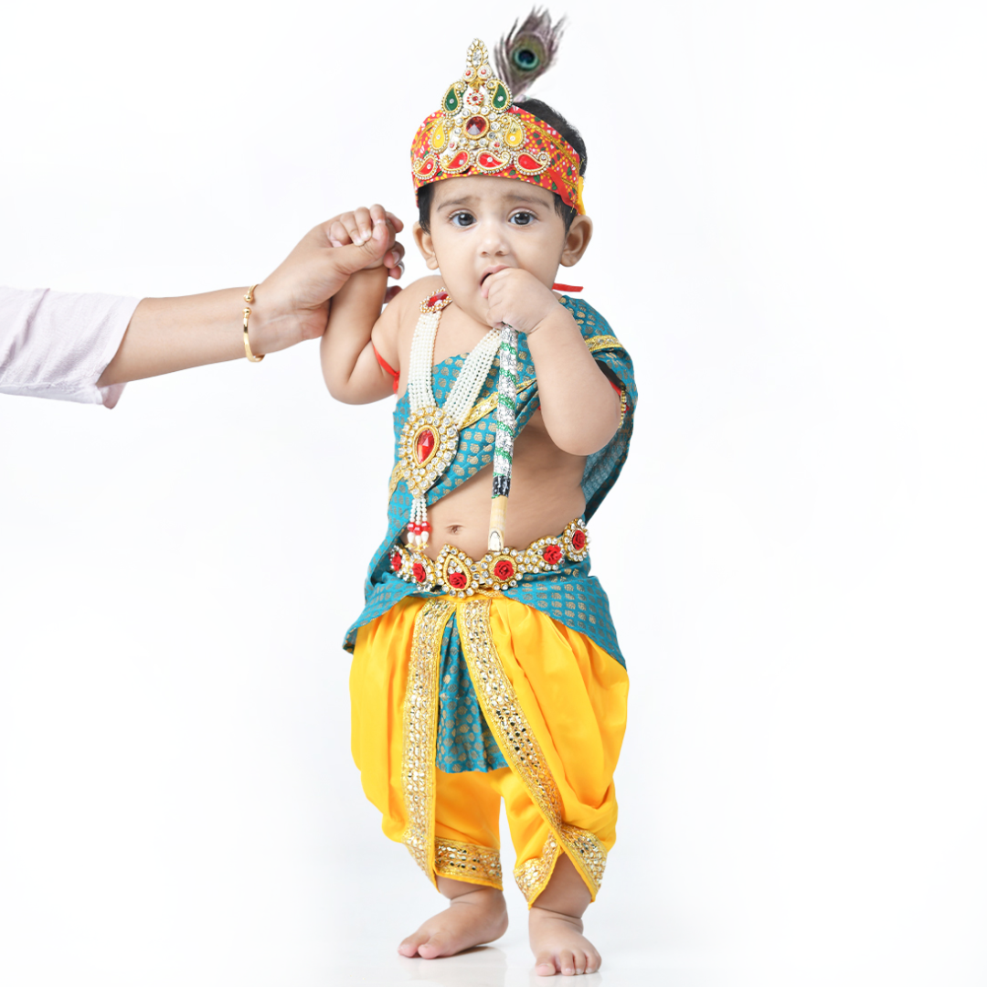 Krishna Dress for Baby Boy Kids Set of 10 Little Krishna Ji Kanha Janmasthmi Costume for Kids (IMC45001-YelRGreen)