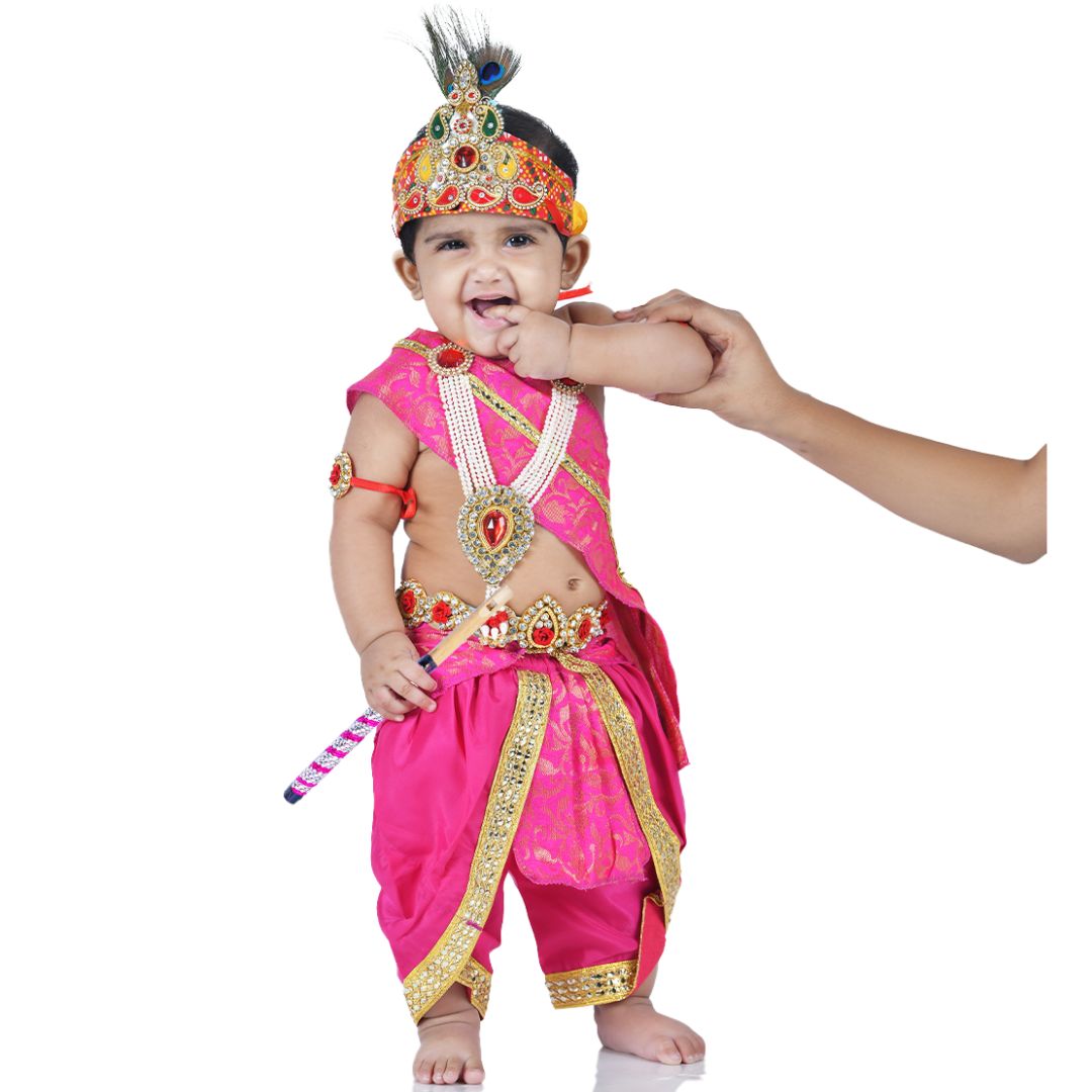 Krishna Dress for Baby Boy Kids Set of 10 Little Krishna Ji Kanha Janmasthmi Costume for Kids (IMC45001-Magenta)
