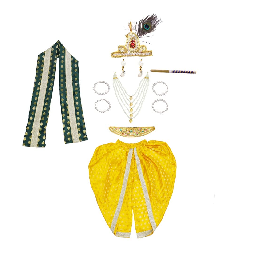 Krishna Dress for Baby Boy Kids Set of 10 Little Krishna Ji Kanha Janmasthmi Costume for Kids (IMC19000-YelGreen)