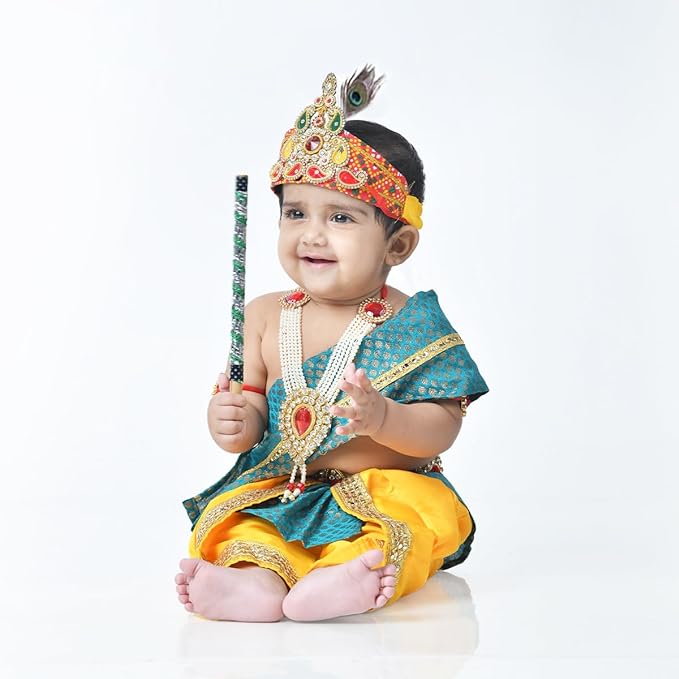 Krishna Dress for Baby Boy Kids Set of 10 Little Krishna Ji Kanha Janmasthmi Costume for Kids (IMC45001-YelRGreen)