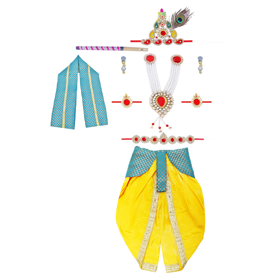 Krishna Dress for Baby Boy Kids Set of 10 Little Krishna Ji Kanha Janmasthmi Costume for Kids (IMC45001-YelRGreen)