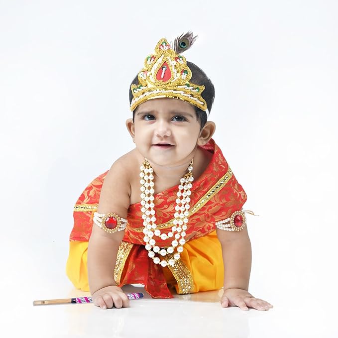 Krishna Dress for Baby Boy Kids Set of 10 Little Krishna Ji Kanha Janmasthmi Costume for Kids (IMC45001-Redyel)
