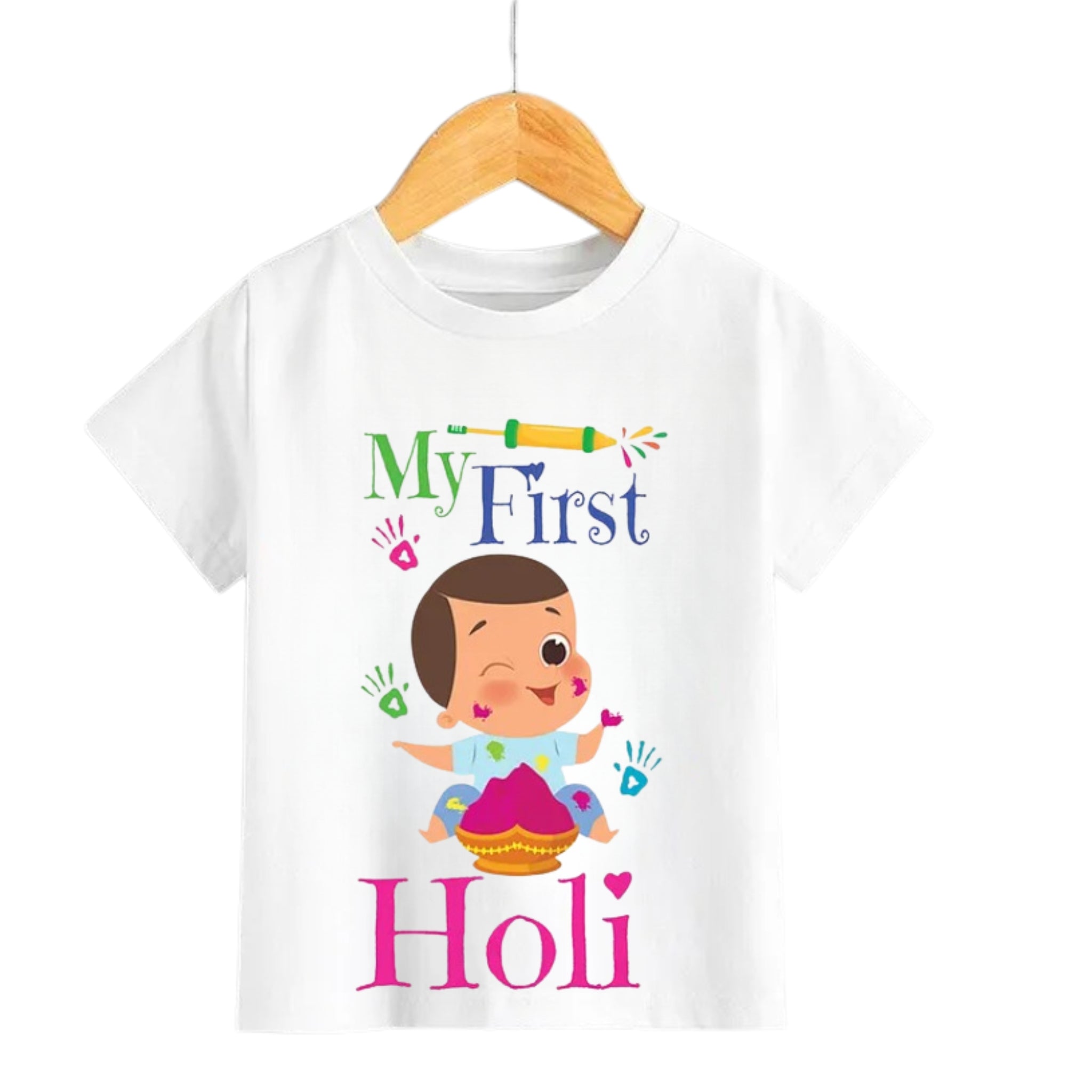 Itsmycostume My First Holi tshirt for kids baby boy girl infant Unisex Half Sleev Round Neck Tshirts