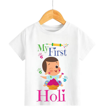 Itsmycostume My First Holi tshirt for kids baby boy girl infant Unisex Half Sleev Round Neck Tshirts