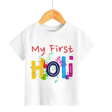 Itsmycostume My First Holi tshirt for kids baby boy girl infant Unisex Half Sleev Round Neck Tshirts