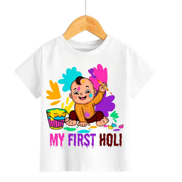 Itsmycostume My First Holi tshirt for kids baby boy girl infant Unisex Half Sleev Round Neck Tshirts