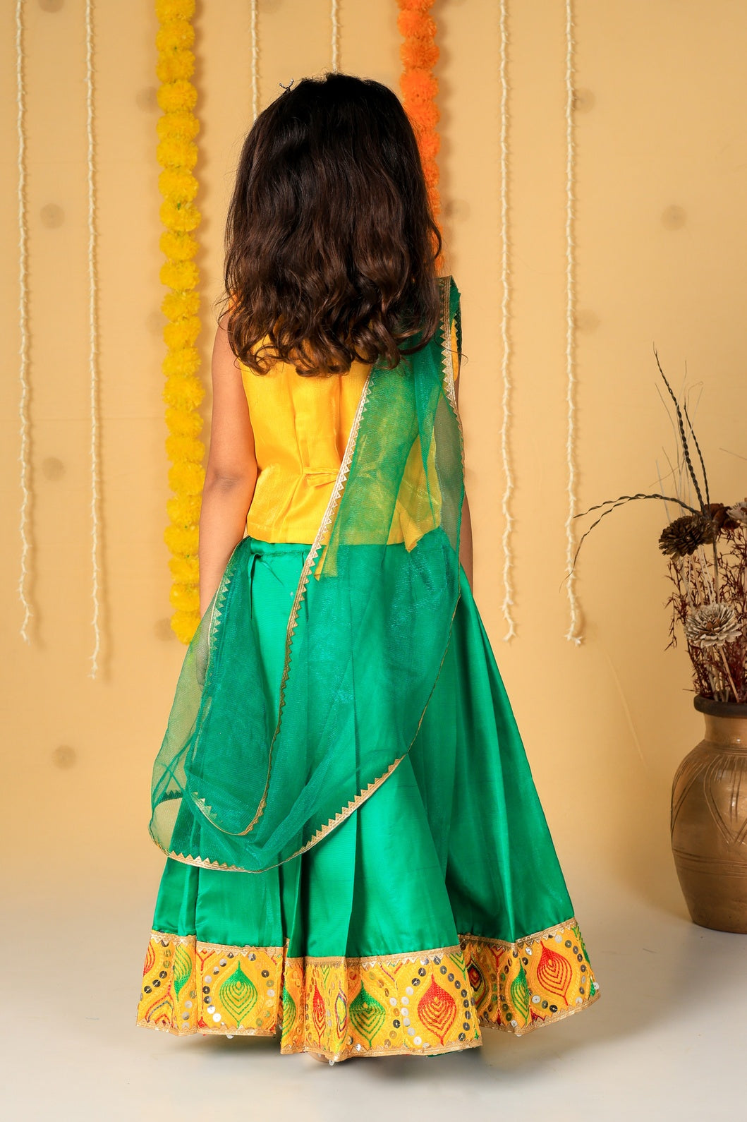 Vaanee Designz Silk Blend Readymade Embroidered 3 Piece Lehenga Choli Set|Lehenga Choli,Ethnic Wear|Lehenga for Kids|Lehenga Set for Wedding and Festival(Green & Yellow)
