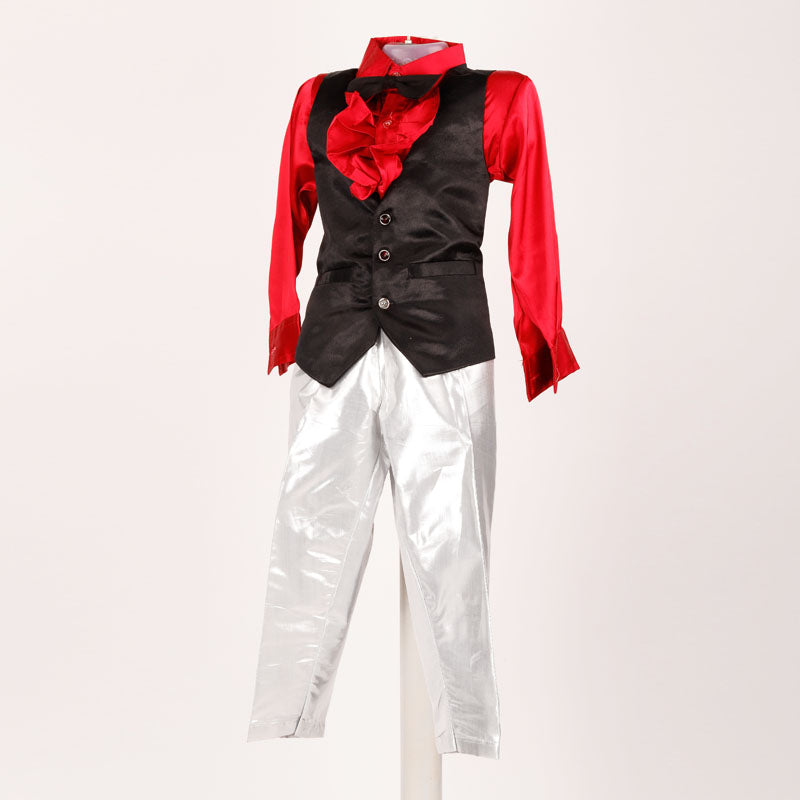 Partywear Dress For Boy - Silver Pant &amp; Red Shirt With Black Waistcoat