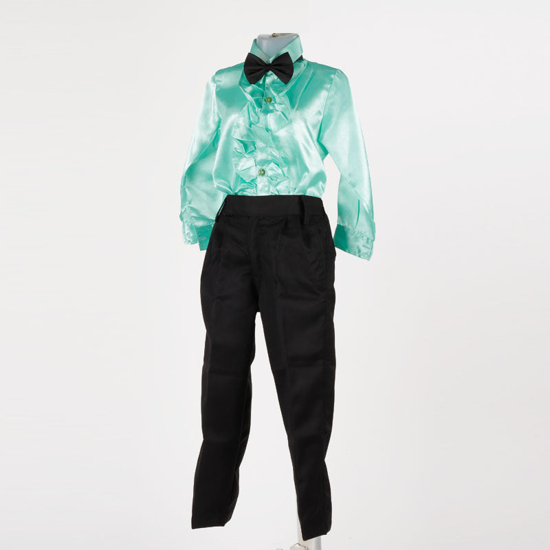 Boys Formal Dress - Aqua Green Shirt Black Pant &amp; Bow - Tie