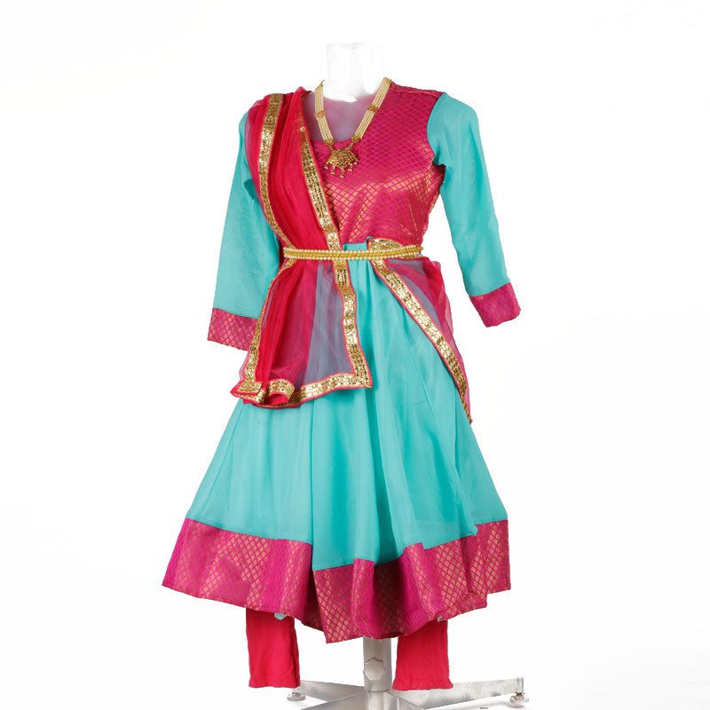 kathak dance dress - Firozi &amp; Magenta Anarkali Chooridaar