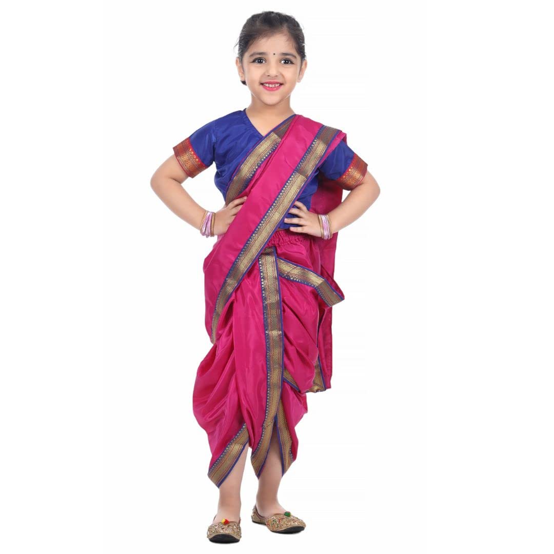 Marathi Lavani Saree for Girls Kids Folk Dance costume- Magenta Colour