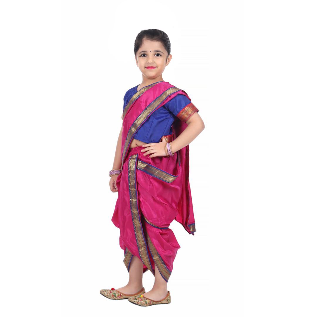 Marathi Lavani Saree for Girls Kids Folk Dance costume- Magenta Colour