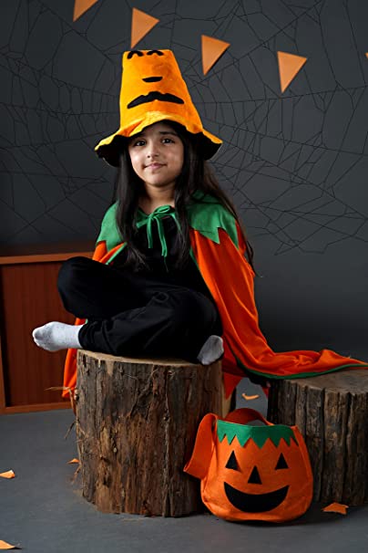 ITSMYCOSTUME Halloween Pumpkin Dress for Boys &amp; Girls Kids Orange Cape with Pumpkin Basket Complete Set with Accessories